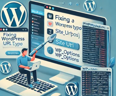 Illustration showing various methods to fix a WordPress URL typo, including accessing wp-config.php, using phpMyAdmin to edit the wp_options table, and running WP-CLI commands. The image features key icons for WordPress, phpMyAdmin, and terminal tools, with a user confidently troubleshooting on their computer.