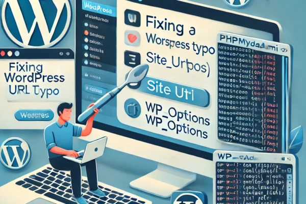 Illustration showing various methods to fix a WordPress URL typo, including accessing wp-config.php, using phpMyAdmin to edit the wp_options table, and running WP-CLI commands. The image features key icons for WordPress, phpMyAdmin, and terminal tools, with a user confidently troubleshooting on their computer.