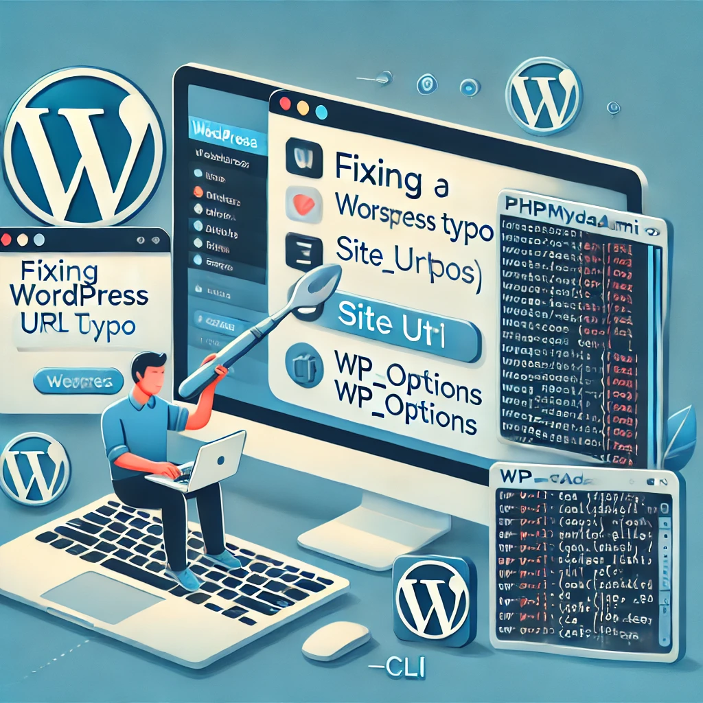 Illustration showing various methods to fix a WordPress URL typo, including accessing wp-config.php, using phpMyAdmin to edit the wp_options table, and running WP-CLI commands. The image features key icons for WordPress, phpMyAdmin, and terminal tools, with a user confidently troubleshooting on their computer.