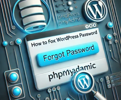 Forgot wordpress password illustration of a WordPress login screen with a highlighted ‘Forgot Password’ button, accompanied by a database icon representing phpMyAdmin. The image conveys the concept of resetting a forgotten WordPress password using phpMyAdmin.”