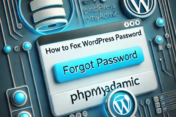 Forgot wordpress password illustration of a WordPress login screen with a highlighted ‘Forgot Password’ button, accompanied by a database icon representing phpMyAdmin. The image conveys the concept of resetting a forgotten WordPress password using phpMyAdmin.”