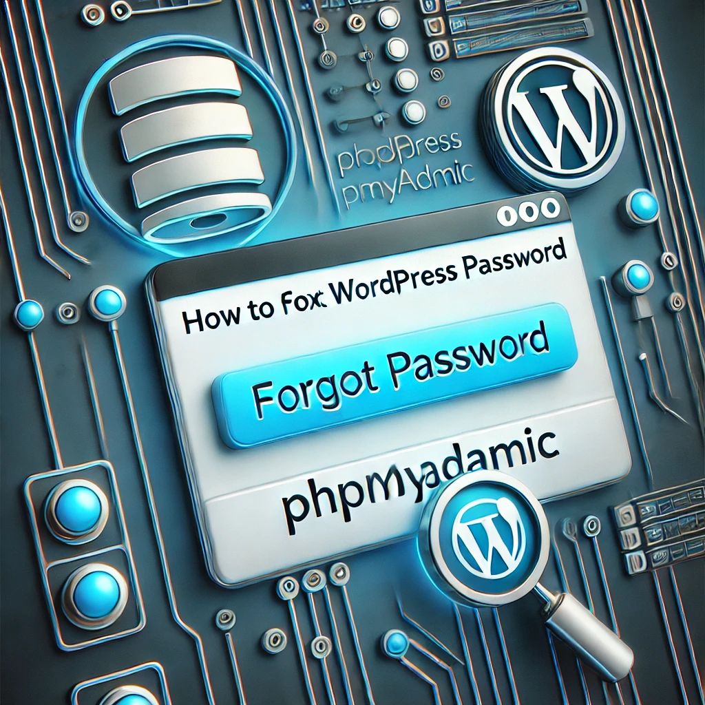 Forgot wordpress password illustration of a WordPress login screen with a highlighted ‘Forgot Password’ button, accompanied by a database icon representing phpMyAdmin. The image conveys the concept of resetting a forgotten WordPress password using phpMyAdmin.”