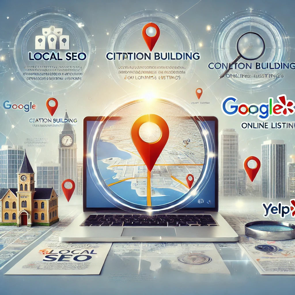 Here’s an SEO-optimized **alt text** for the image: **"Professional digital marketing concept illustrating citation building and local SEO. Features a city map with location pins, a laptop displaying business directories, and search engine icons like Google and Yelp, symbolizing online business listings and local search visibility.